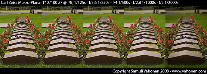 Carl Zeiss Makro-Planar T* 2/100 ZF - comparison of luminosity of apertures f/2.0-f/8.0